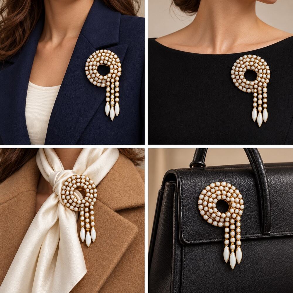 Vintage White Beaded Circle Brooch Gold Tone Dangle Statement Pin Womens